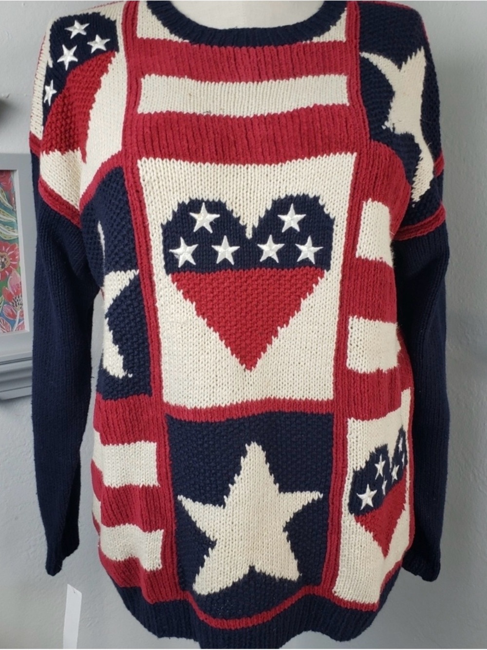 Patriotic Red Navy Cream Heart & Star Knit Sweater